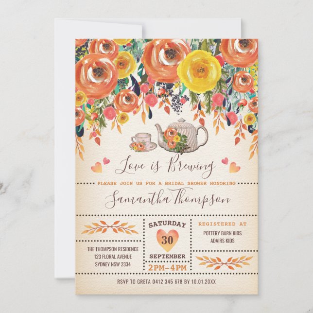 Rustic Tea Bridal Shower / Fall Autumn Floral Invitation (Front)