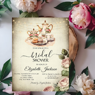 Rustic Tea Set,String Lights,Roses Bridal Shower  Invitation