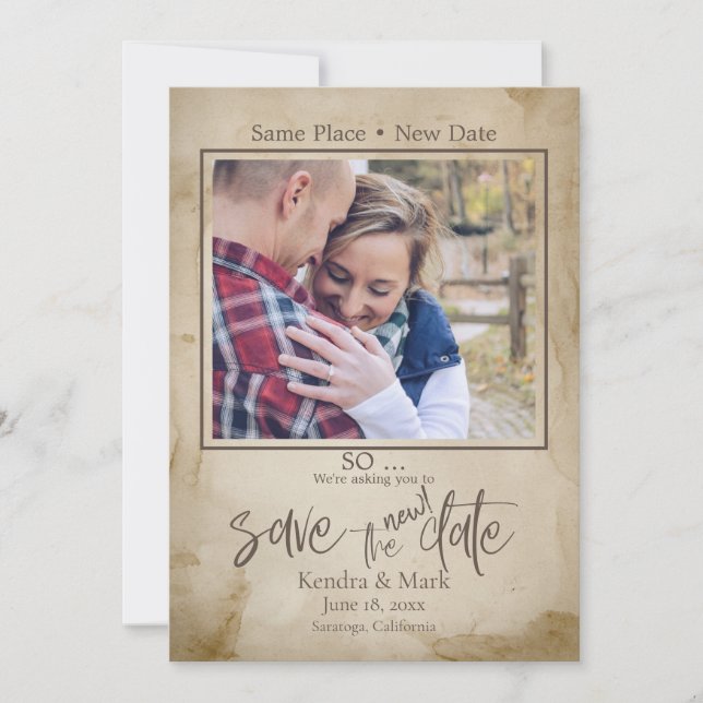 Rustic Tea Stain Your Photo Save the NEW Date Invitation (Front)