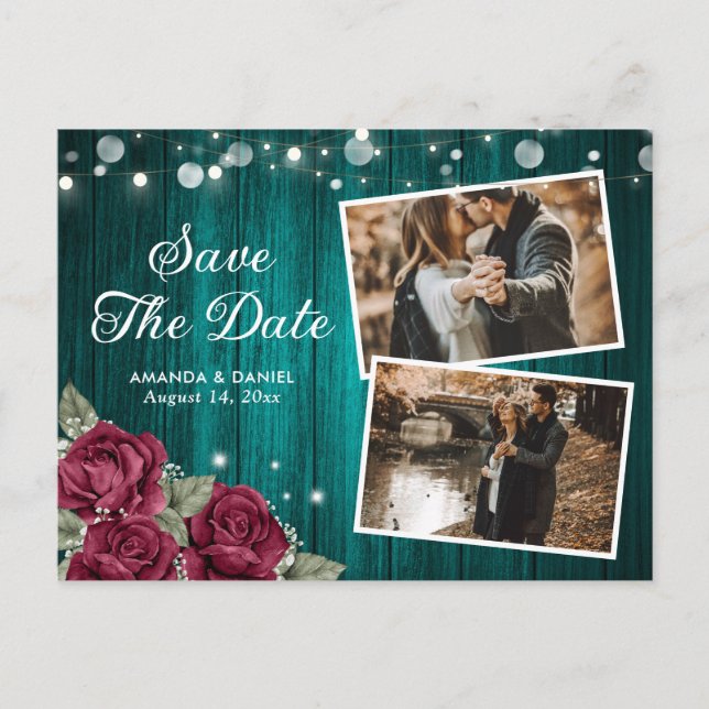Rustic Teal and Burgundy Floral Wedding Photo Announcement Postcard (Front)