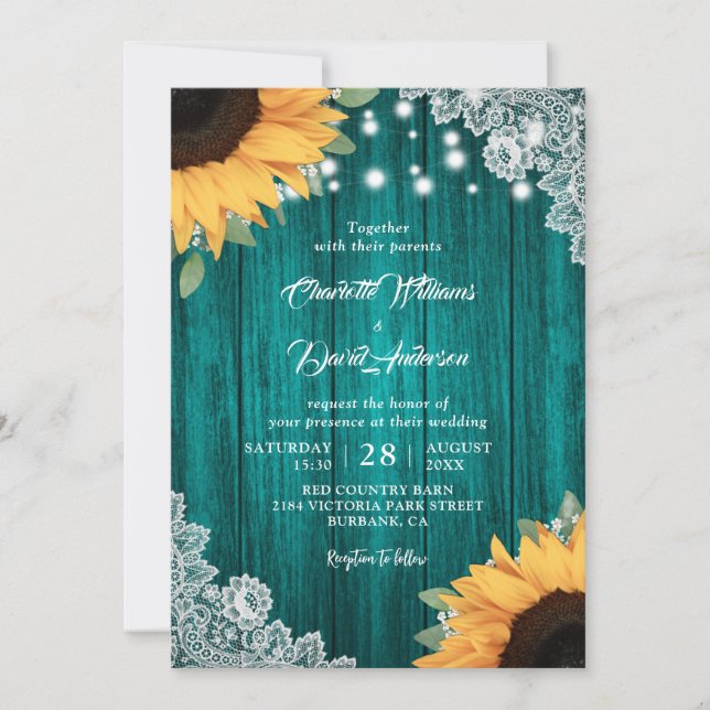 Rustic Teal and Sunflower Wedding Invitations (Front)
