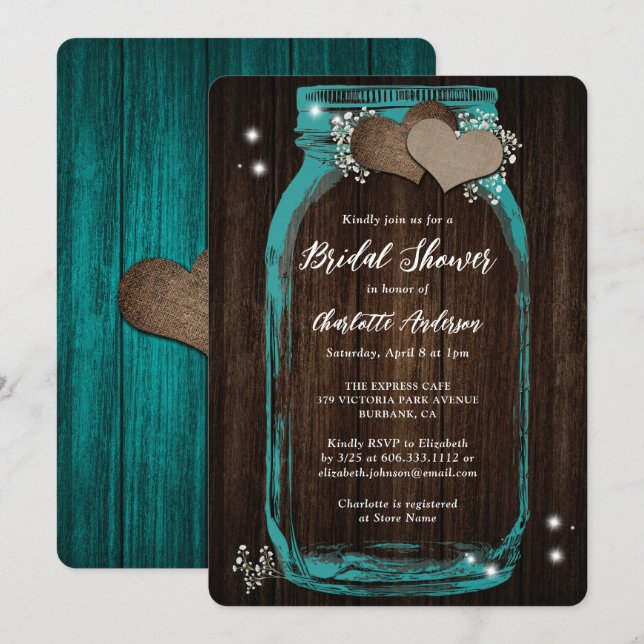 Rustic Teal Baby's Breath Mason Jar Bridal Shower Invitation (Front/Back)