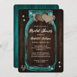 Rustic Teal Baby's Breath Mason Jar Bridal Shower Invitation