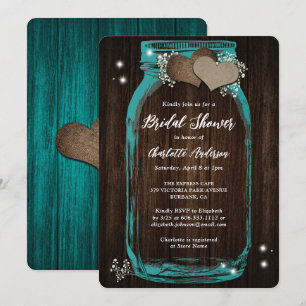 Rustic Teal Baby's Breath Mason Jar Bridal Shower Invitation