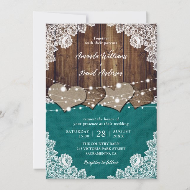 Rustic Teal Barn Wood Burlap Lace Wedding Invitation (Front)