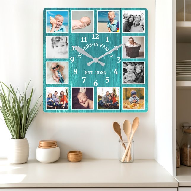 Rustic Teal Barn Wood Farmhouse 12 Photo Collage Square Wall Clock (Creator Uploaded)