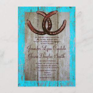 Rustic Teal Barn Wood Horseshoe Wedding Invitation
