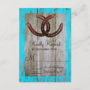Rustic Teal Barn Wood Horseshoe Wedding RSVP Cards
