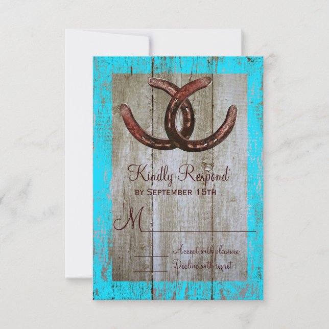 Rustic Teal Barn Wood Horseshoe Wedding RSVP Cards (Front)