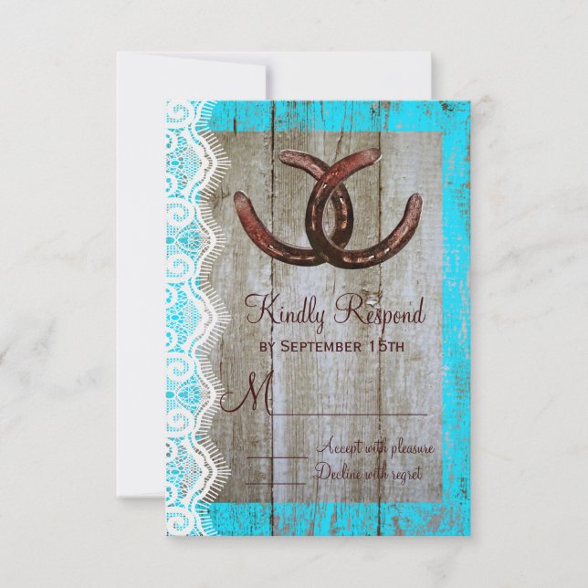 Rustic Teal Barn Wood Horseshoe Wedding RSVP Cards (Front)