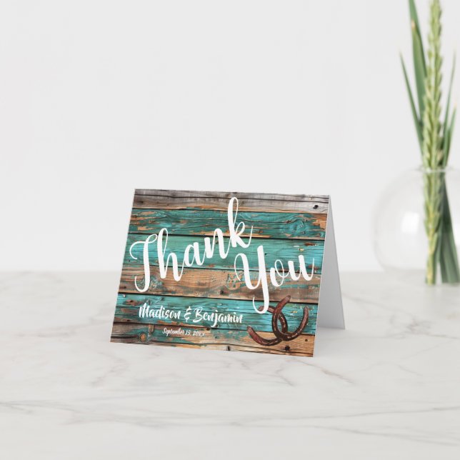 Rustic Teal Barn Wood Horseshoe Wedding Thank You Card (Front)