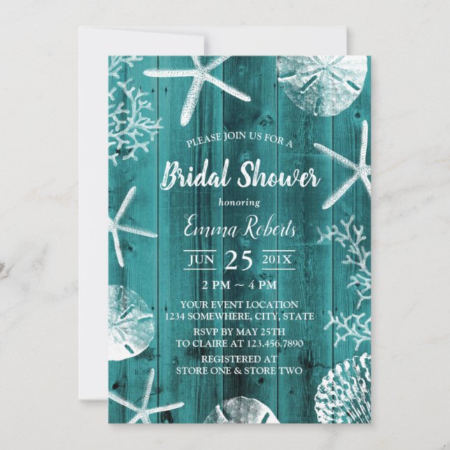 Rustic Teal Beach Wedding Seashells Bridal Shower Invitation (Front)
