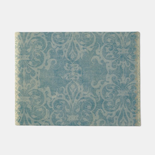 rustic,teal,beige,damask,floral,wallpaper,belle ép doormat (Front)