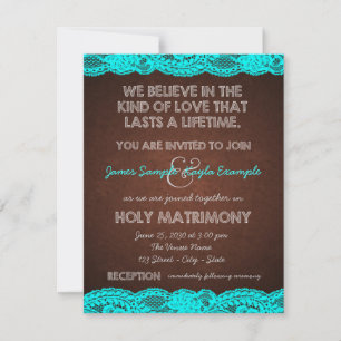 Rustic Teal Blue and Brown Country Wedding Invitation