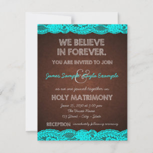Rustic Teal Blue and Brown Country Wedding Invitation