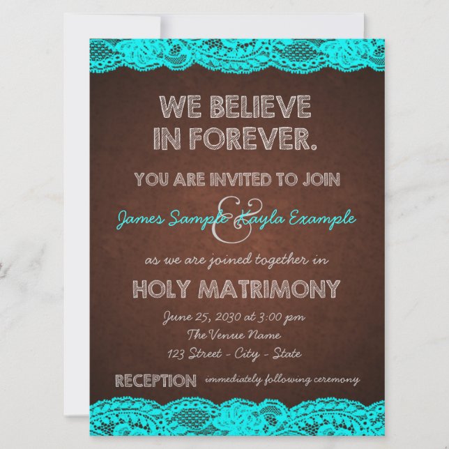 Rustic Teal Blue and Brown Country Wedding Invitation (Front)