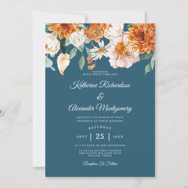 Rustic Teal Blue Burnt Orange Floral Fall Wedding Invitation (Front)