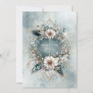 Rustic Teal Blue Feather White Floral Wedding Invitation