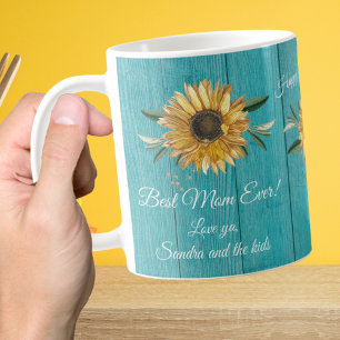 Rustic Teal Blue  Sunflower Best Mom Ever Coffee M Coffee Mug