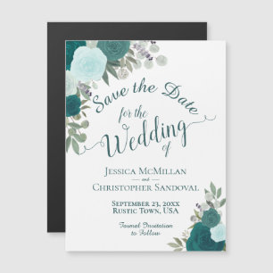 Rustic Teal Boho Floral Wedding Save the Date Magnetic Invitation