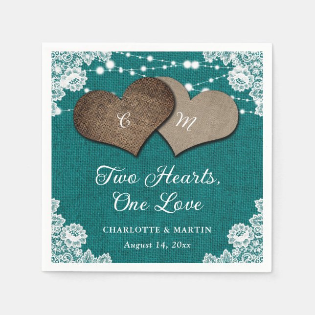 Rustic Teal Burlap Lace String Lights Wedding Napkin (Front)