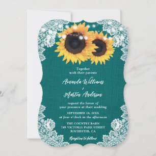 Rustic Teal Burlap Lace Sunflower Wedding Invitation