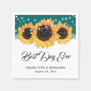 Rustic Teal Burlap Lace Sunflower Wedding Napkin