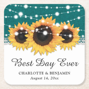 Rustic Teal Burlap Lace Sunflower Wedding Square Paper Coaster