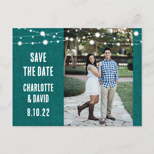Rustic Teal Burlap Wedding Save The Date Photo Announcement Postcard (Front)