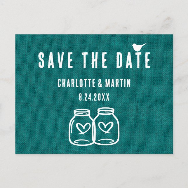 Rustic Teal Burlap Wedding Save The Date Postcard (Front)