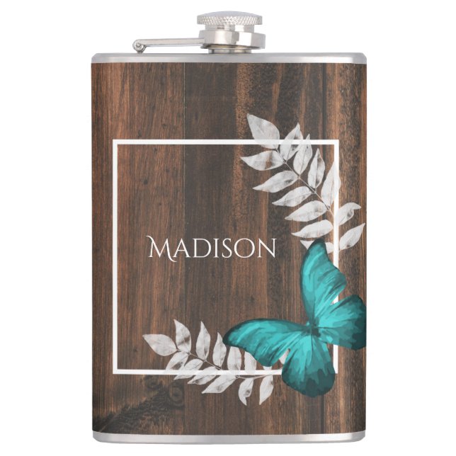 Rustic Teal Butterfly Flask (Front)
