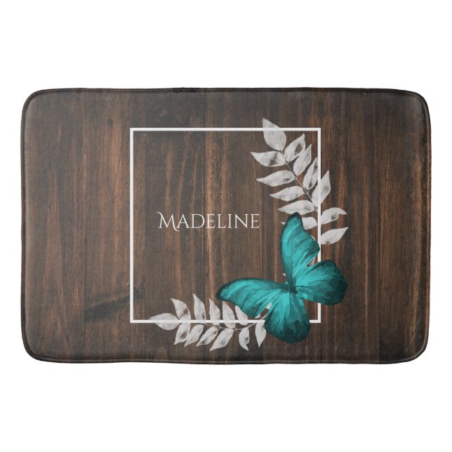 Rustic Teal Butterfly Personalised Bath Mat (Front)