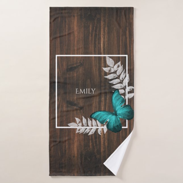 Rustic Teal Butterfly Personalised Bath Towel Set (Bath Towel)