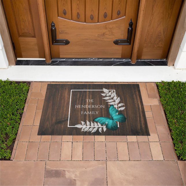 Rustic Teal Butterfly Personalised Doormat (Outdoor)