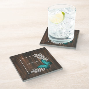 Rustic Teal Butterfly Personalised Glass Coaster