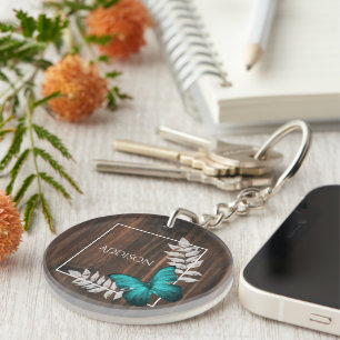 Rustic Teal Butterfly Personalised Keychain