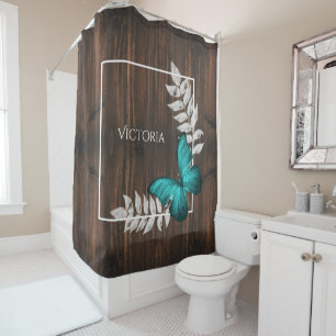 Rustic Teal Butterfly Personalised Shower Curtain