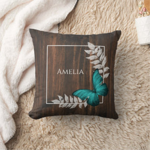 Rustic Teal Butterfly Throw Pillow