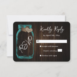 Rustic Teal Country Wood Heart Mason Jar Wedding RSVP Card