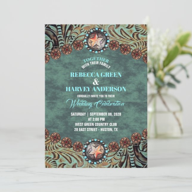 Rustic Teal Cowboy Country Western Horse Wedding Invitation (Standing Front)