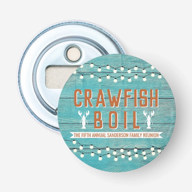 Rustic Teal Crawfish Boil Reunion Seafood Party Bottle Opener (Front)