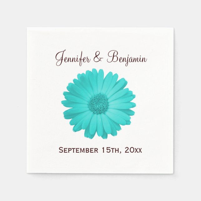 Rustic Teal Daisy Custom Wedding Cocktail Napkin (Front)