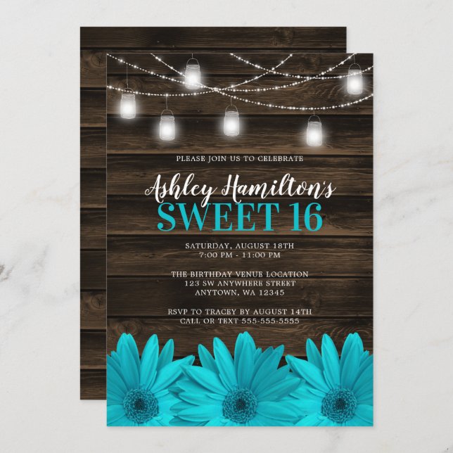 Rustic Teal Daisy Mason Jar Lights Sweet 16 Invitation (Front/Back)