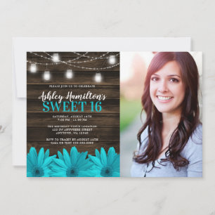 Rustic Teal Daisy Mason Jar Lights Sweet 16 Photo Invitation