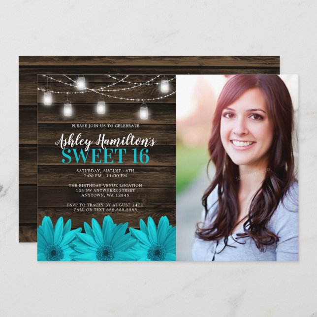 Rustic Teal Daisy Mason Jar Lights Sweet 16 Photo Invitation (Front/Back)
