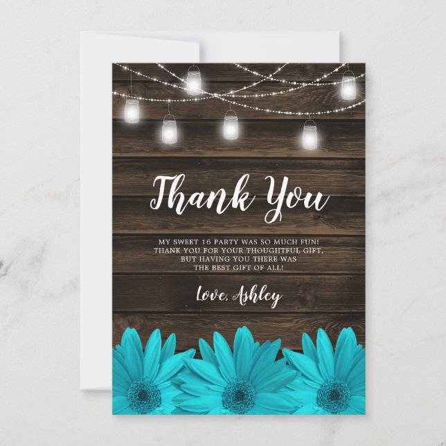 Rustic Teal Daisy Mason Jar Lights Sweet 16 Thank You Card (Front)