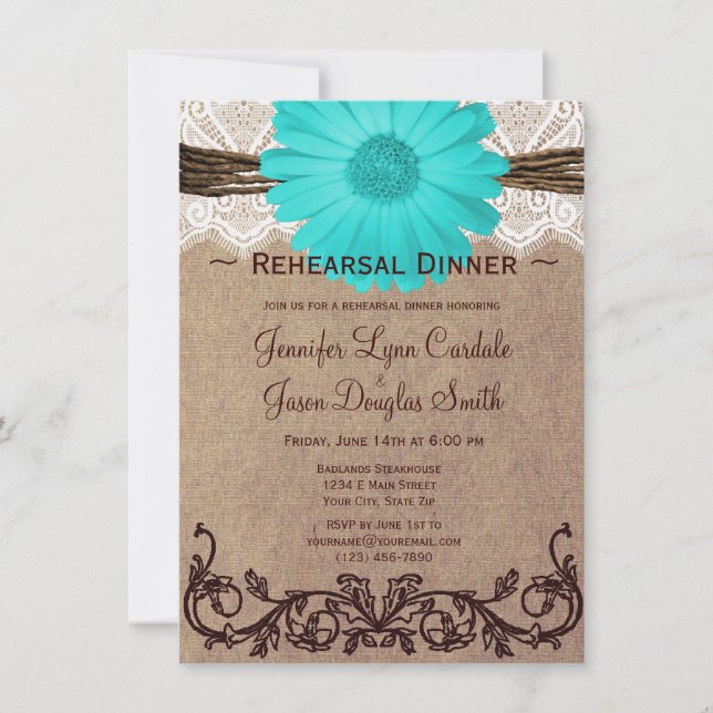 Rustic Teal Daisy Rehearsal Dinner Invitations (Front)