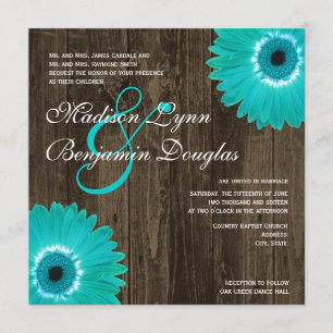 Rustic Teal Daisy Square Wedding Invitations