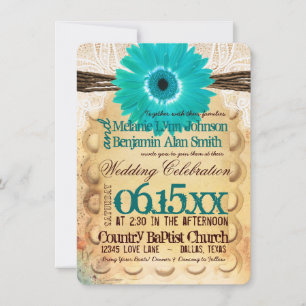 Rustic Teal Daisy Typography Wedding Invitations