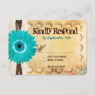 Rustic Teal Daisy Typography Wedding RSVP Cards
